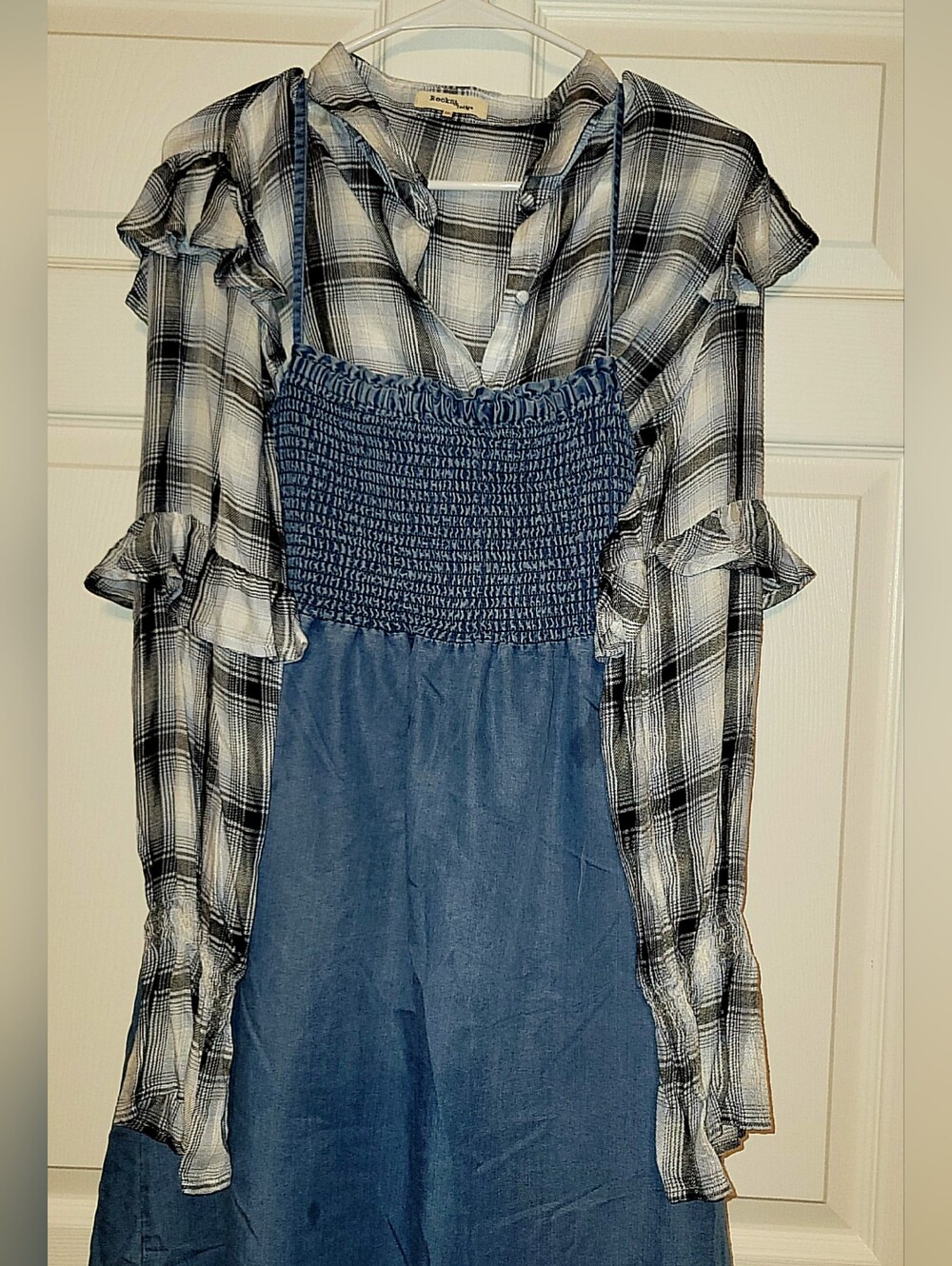 Plaid Button-Front Ruffle Sleeve Top - Picture 3 of 3